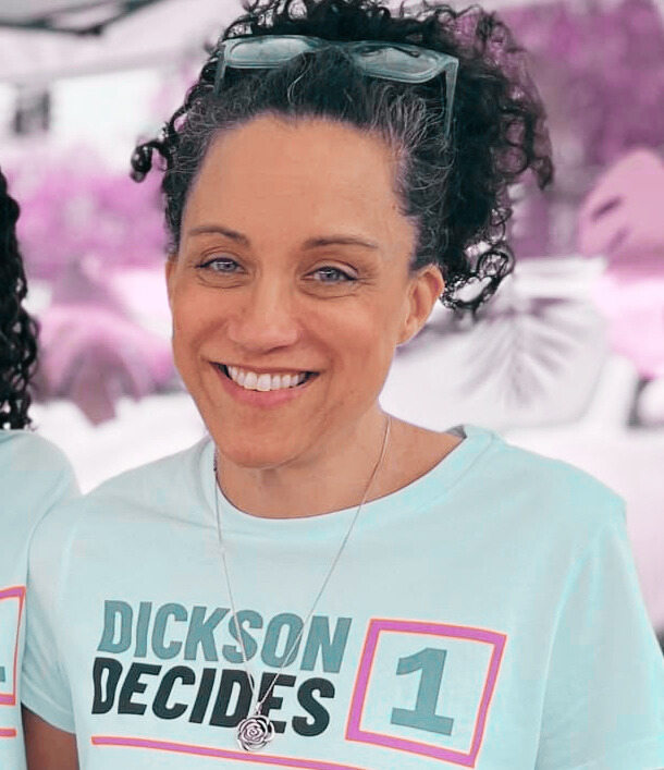 Pamela Rose, Director and Strategist at Soapbox Campaign Co., smiling in a Dickson Decides t-shirt