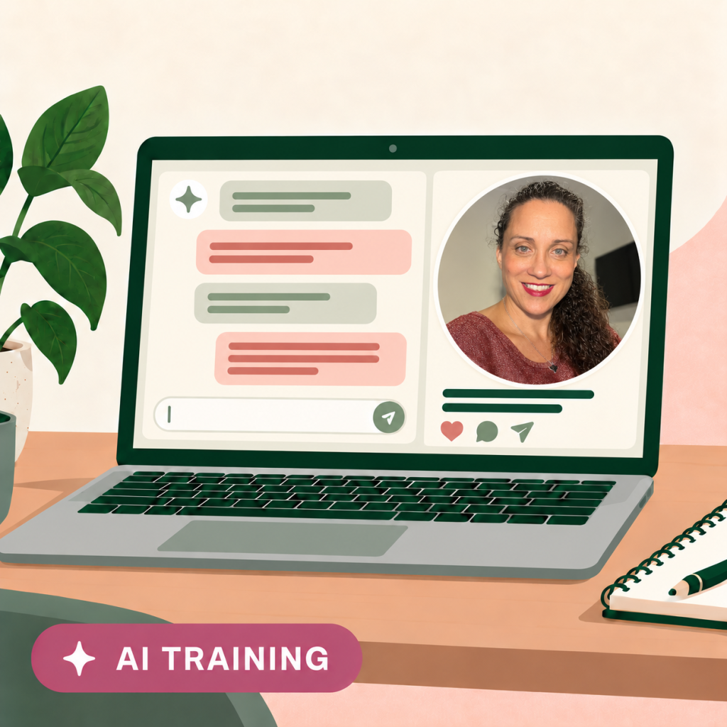 Smiling trainer on a laptop screen during an online AI training session
