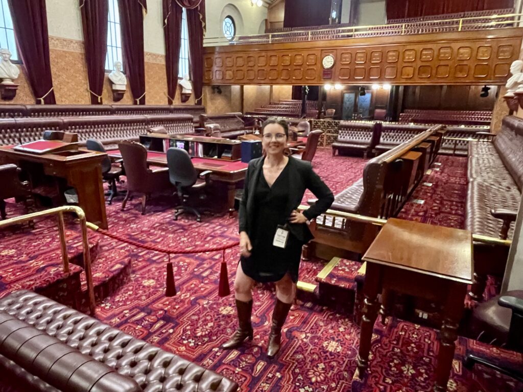 Kylie Flament in the NSW Parliament Legislative Council chamber