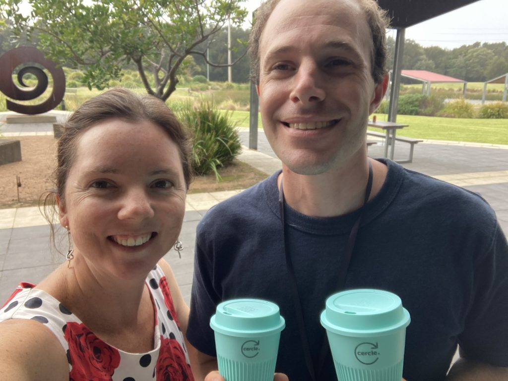 Kylie Flament with Patrick from Cercle holding reusable coffee cups