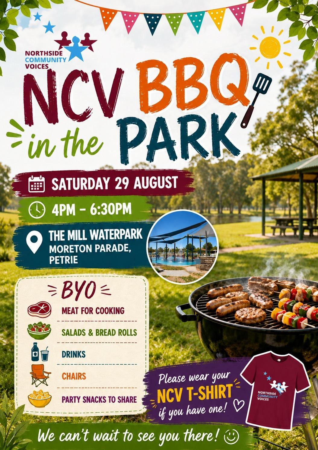 NCV BBQ in the Park, Saturday 29 August, The Mill Waterpark, Moreton Parade, Petrie